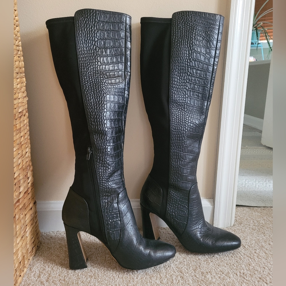 Vince Camuto Black Croc-Embossed Knee-High Heeled Boots